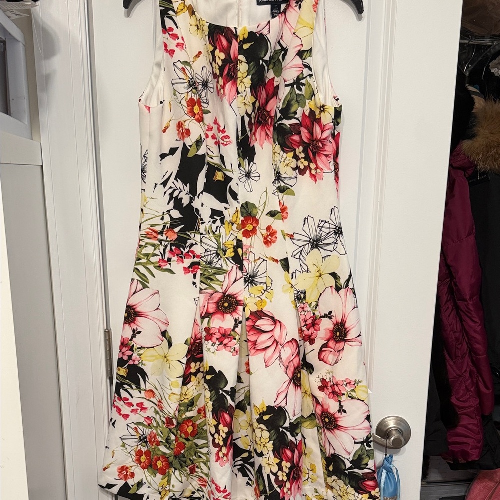 American Living White Midi Dress with Pink, Yellow & Black Floral Print